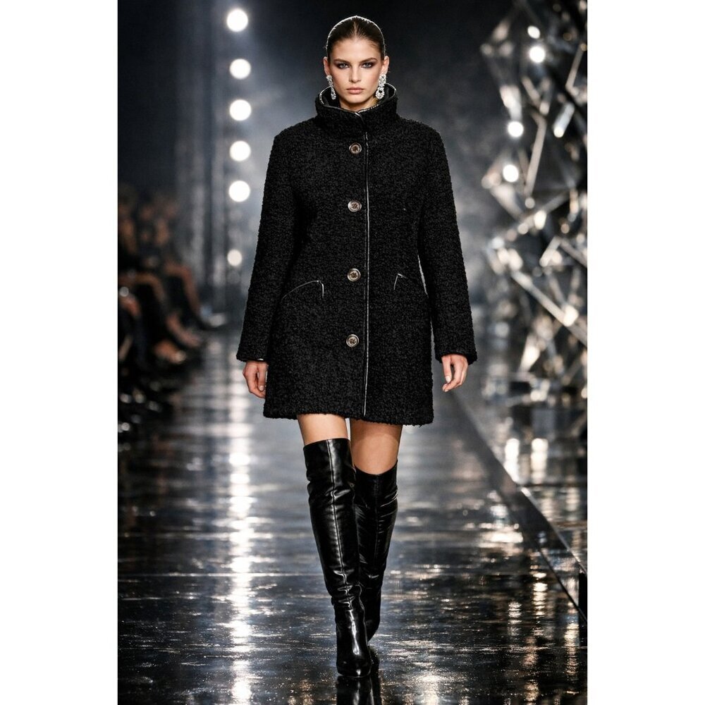 Sam Edelman Black Faux Shearling Coat XL Stand Collar Button Front Warm Jacket